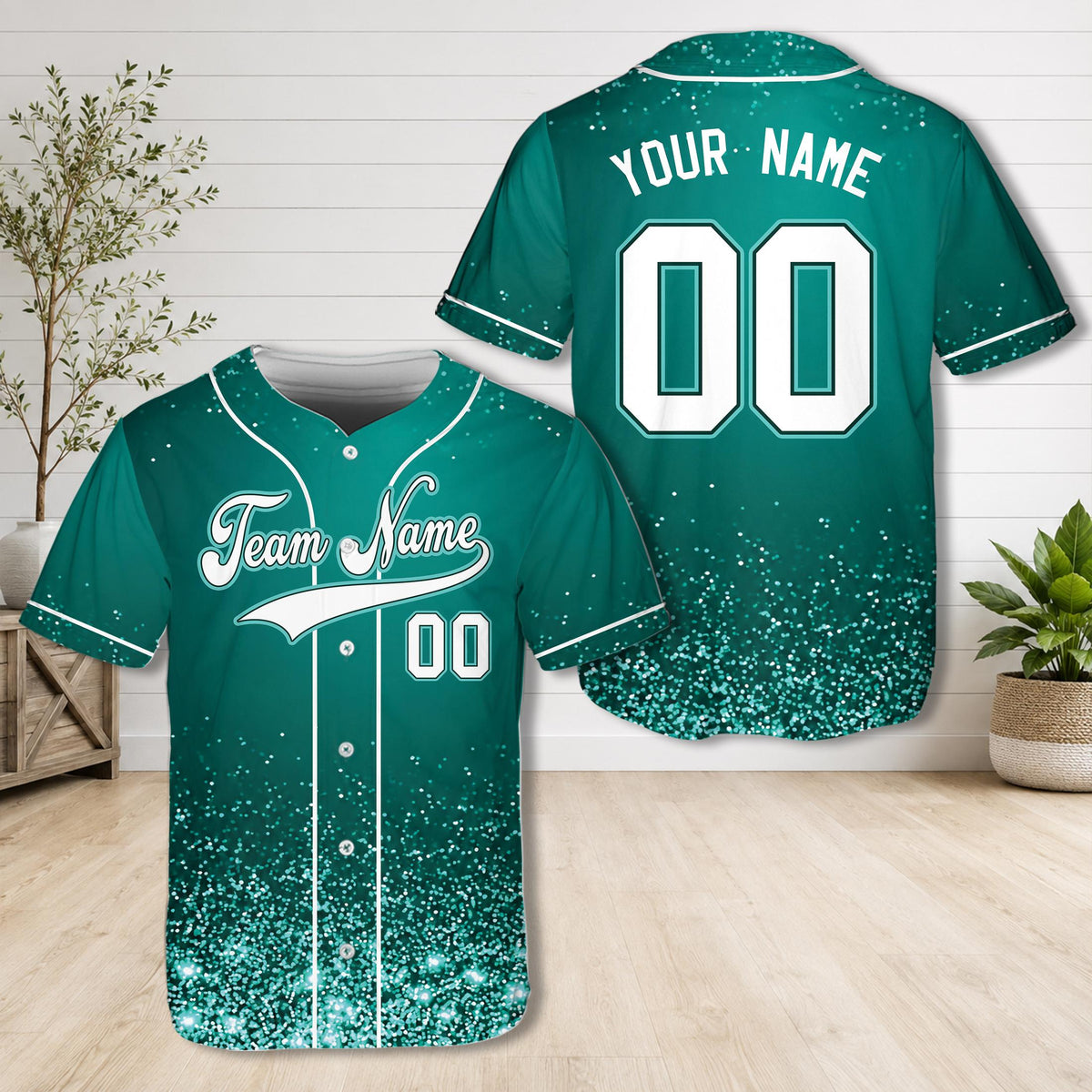 Teal glitter baseball jersey front view