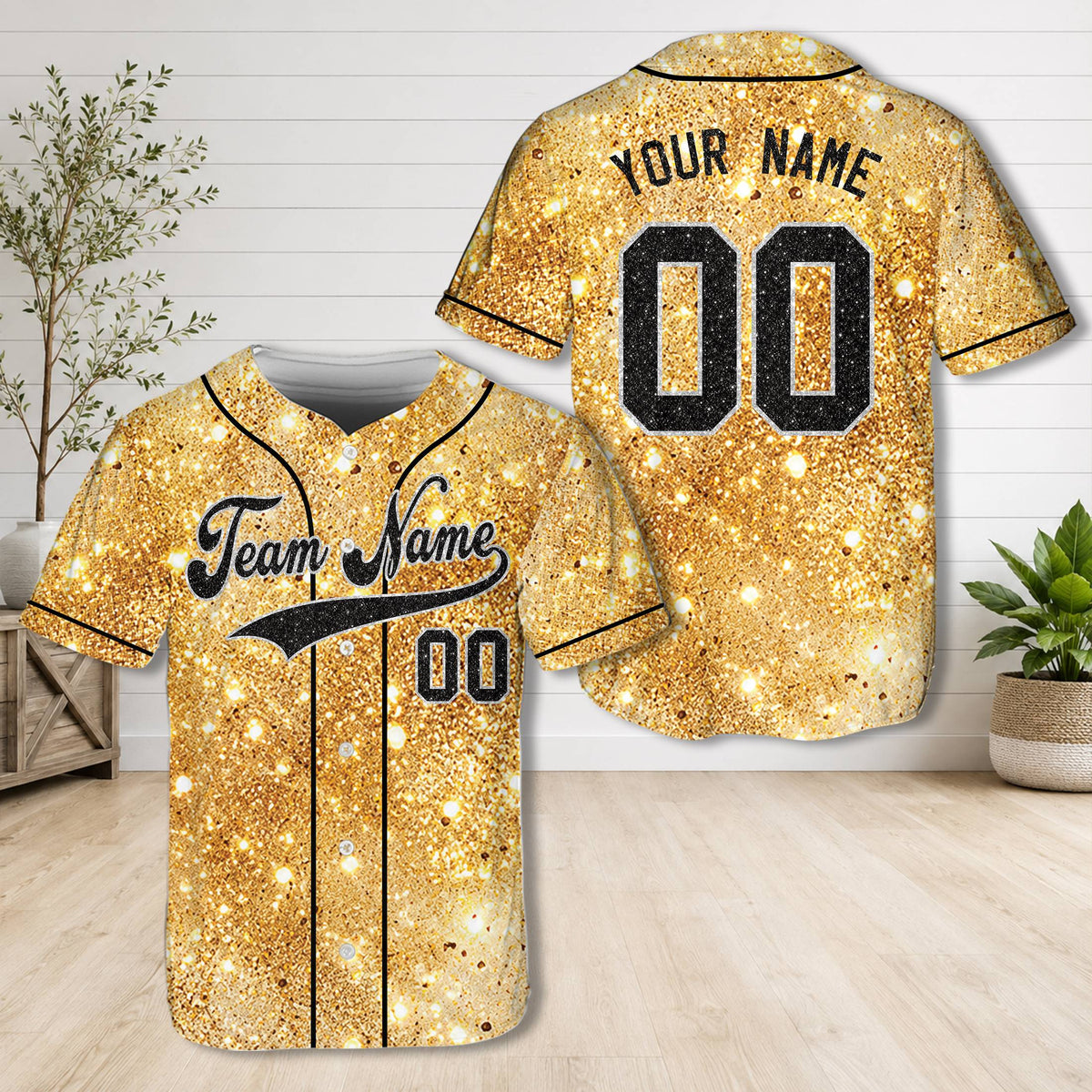 Personalized glitter baseball jersey in gold with custom name and number, main view
