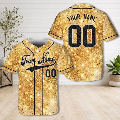 Personalized glitter baseball jersey in gold with custom name and number, main view