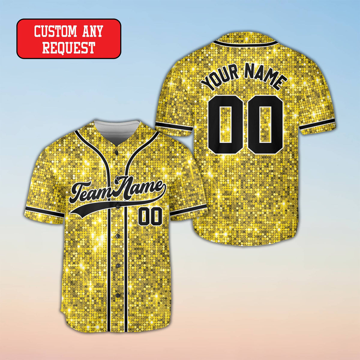 Yellow personalized glitter baseball jersey, front view