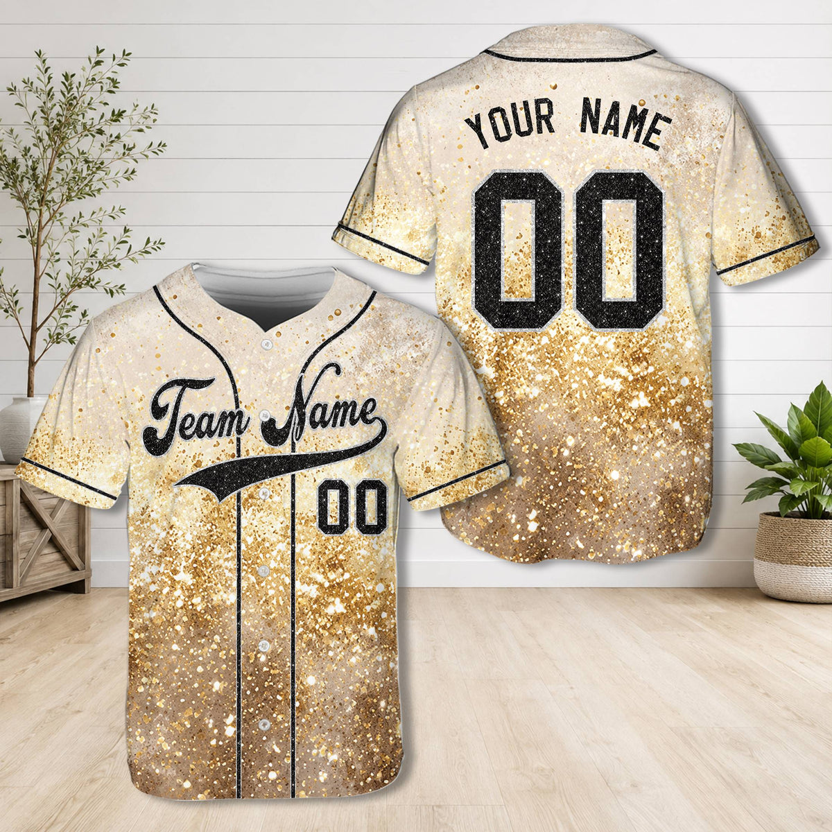 Personalized gold glitter watercolor baseball jersey with custom name and number, front view