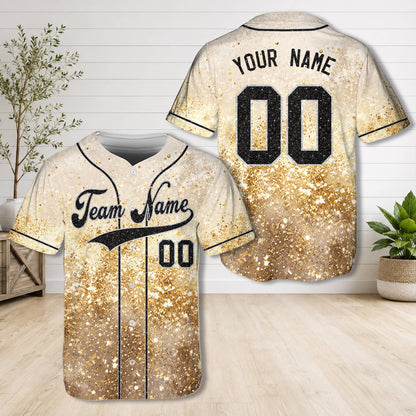 Personalized gold glitter watercolor baseball jersey with custom name and number, front view