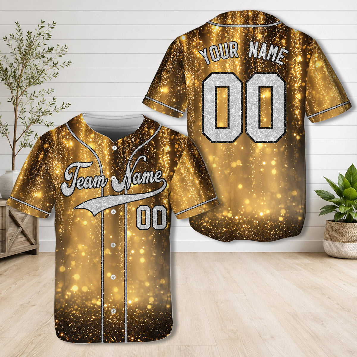 Personalized gold glitter baseball jersey with custom name and number, front view