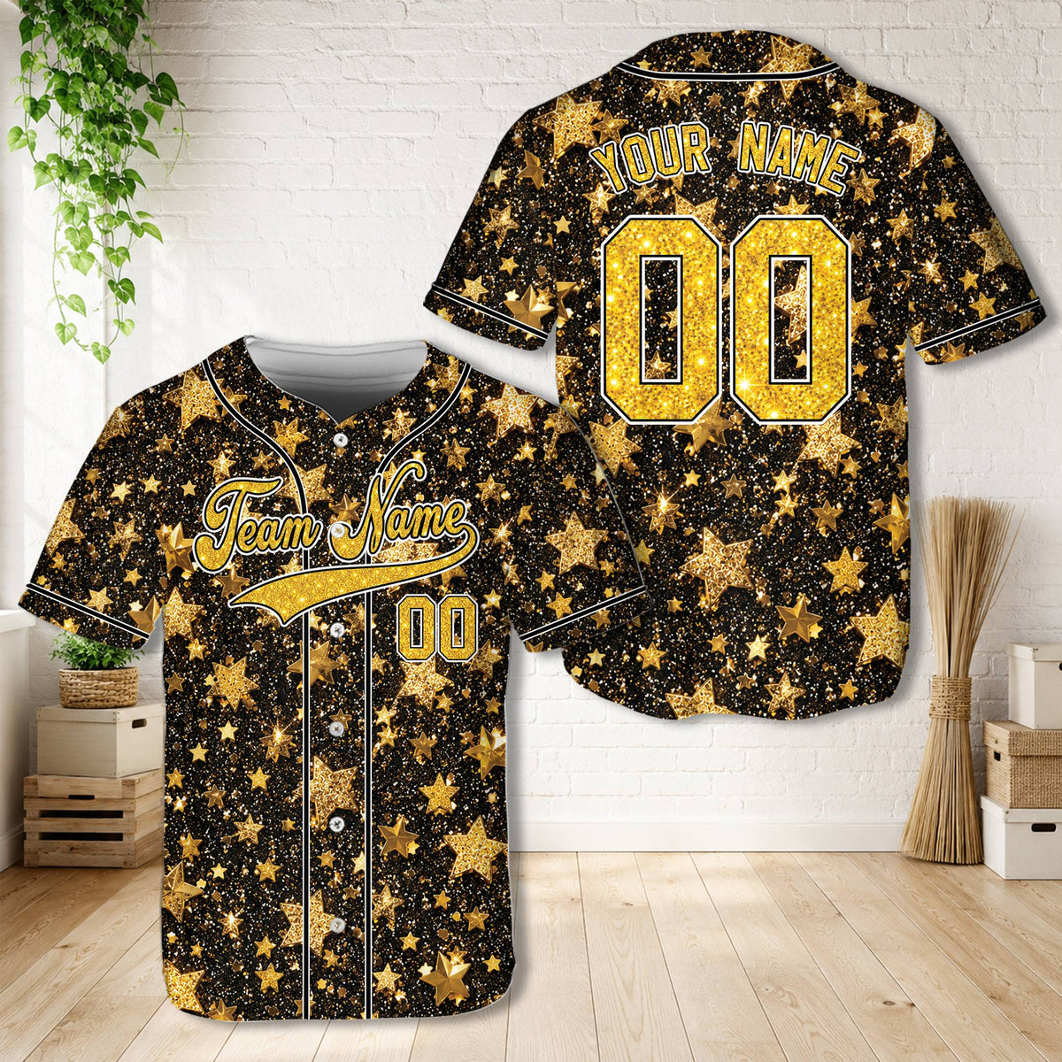 Front view of the personalized gold star glitter baseball jersey featuring a solid black background