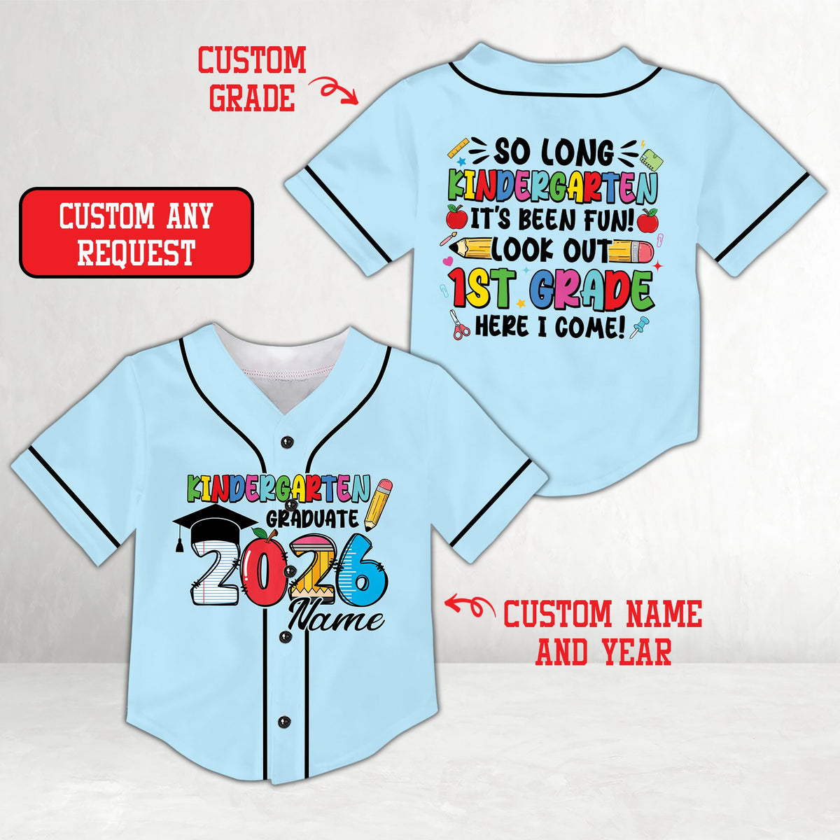 Personalized blue graduation baseball jersey with custom name