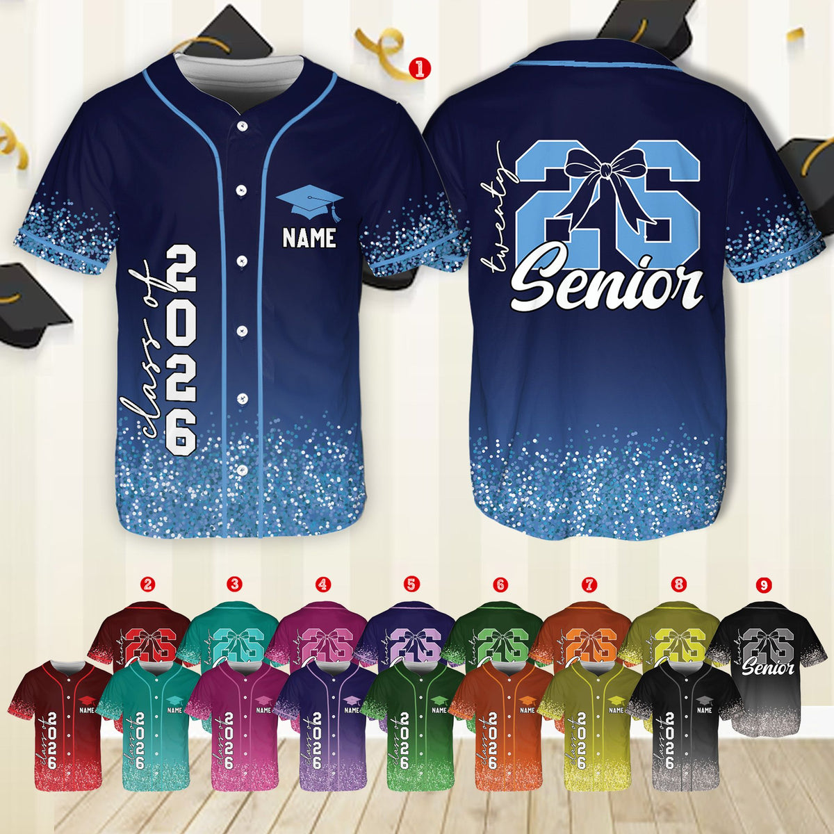 Detailed front view of the navy graduation baseball jersey with glitter-like speckles