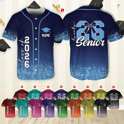Detailed front view of the navy graduation baseball jersey with glitter-like speckles