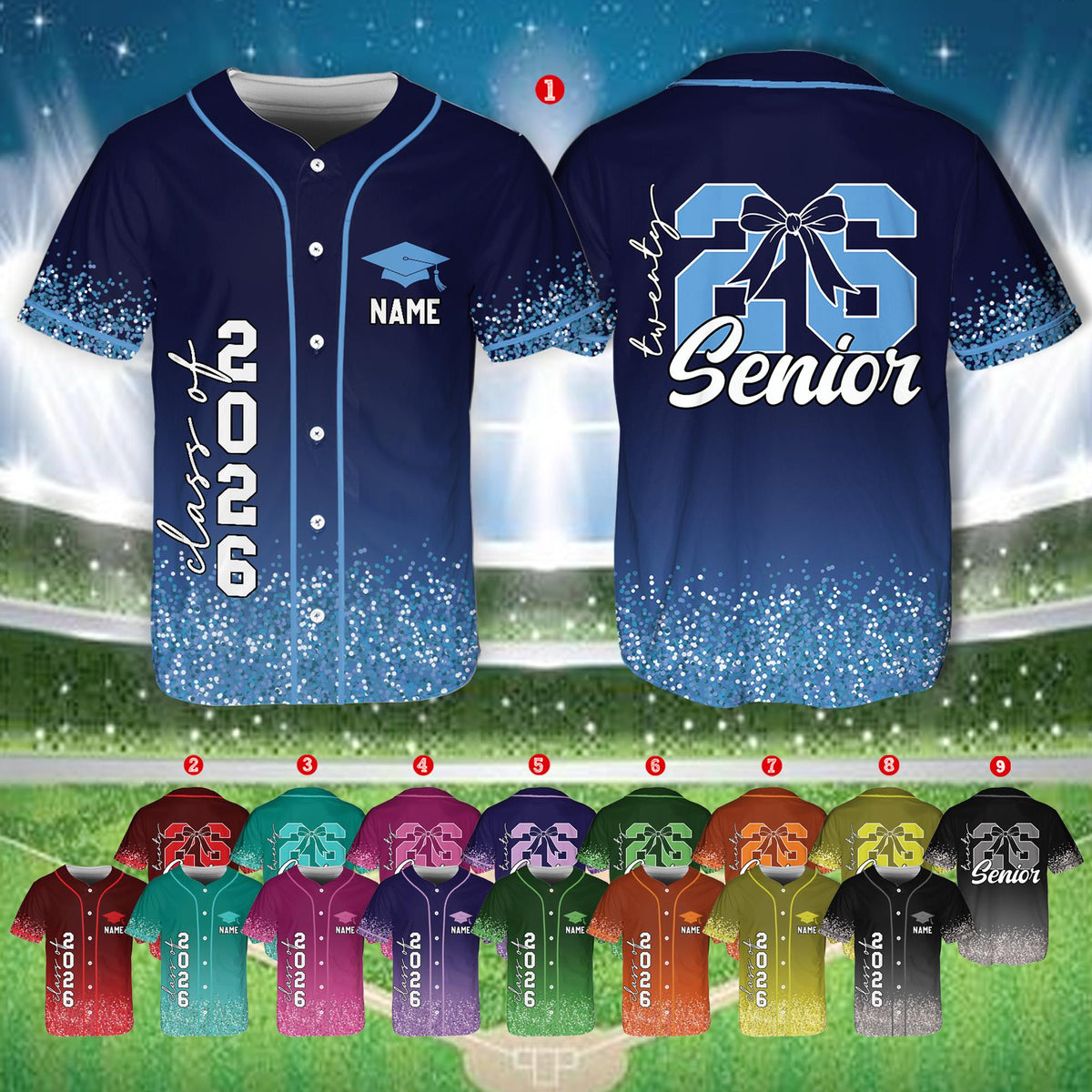 Close up front view of the graduation baseball jersey gradient design