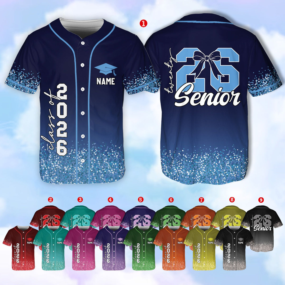 Front view of the navy graduation baseball jersey showing Class of 2026 print
