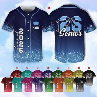 Front view of the navy graduation baseball jersey showing Class of 2026 print