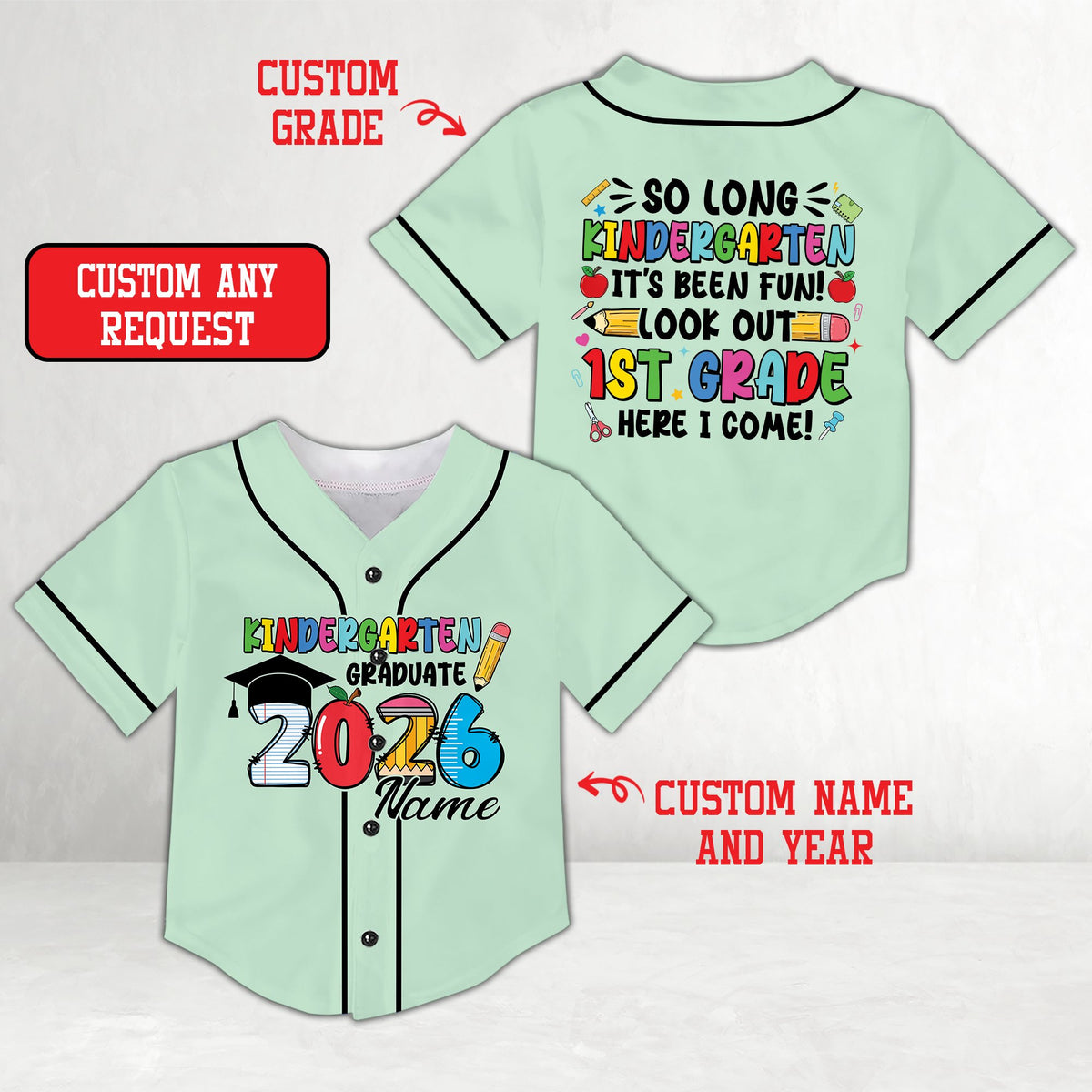 Personalized green graduation baseball jersey with custom name