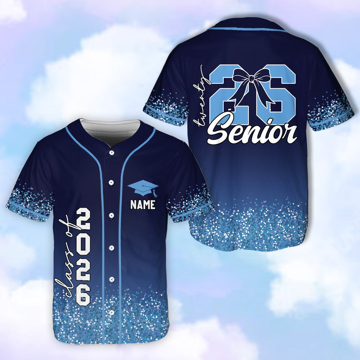 Front angle of the personalized graduation baseball jersey