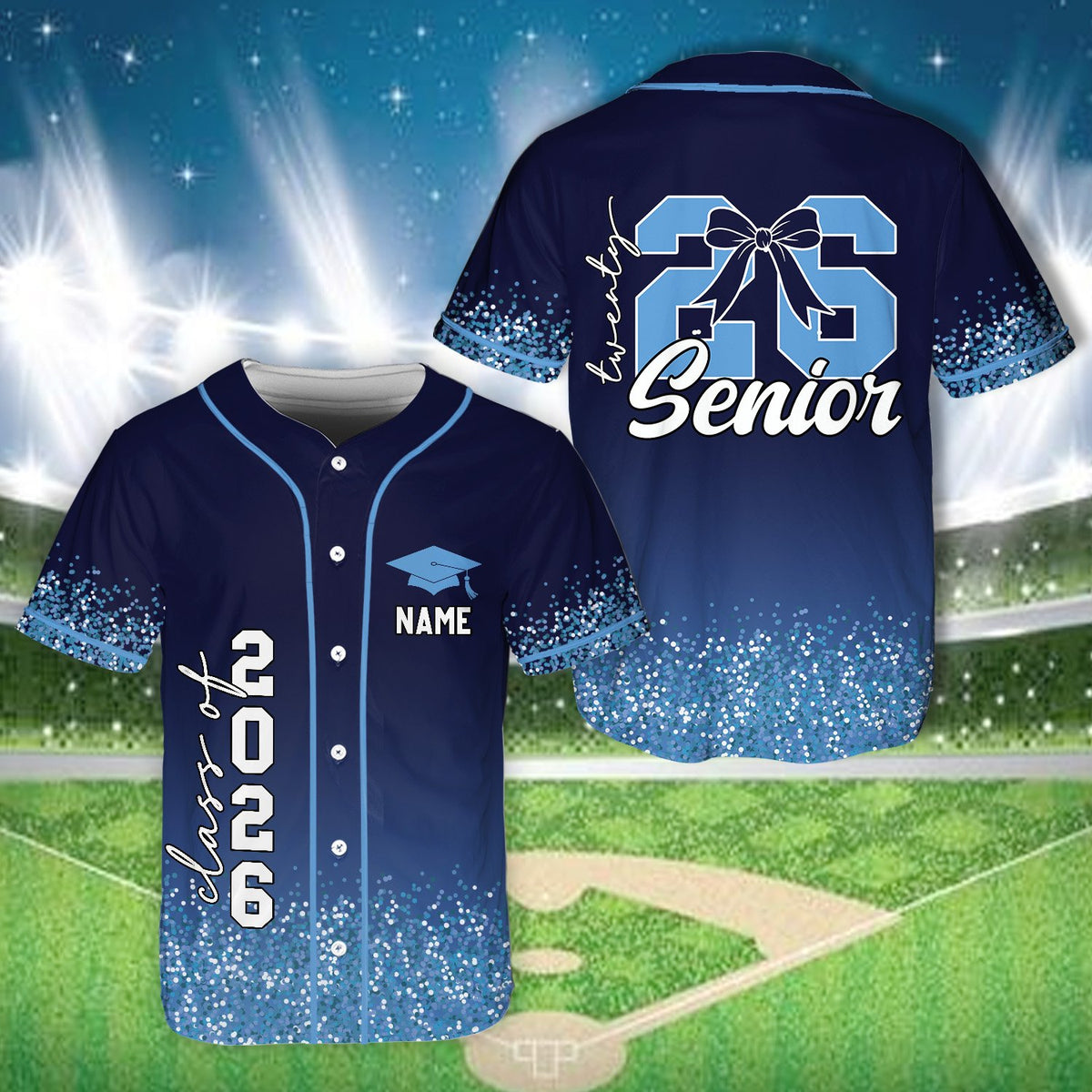 Full front view of the custom name and number baseball jersey