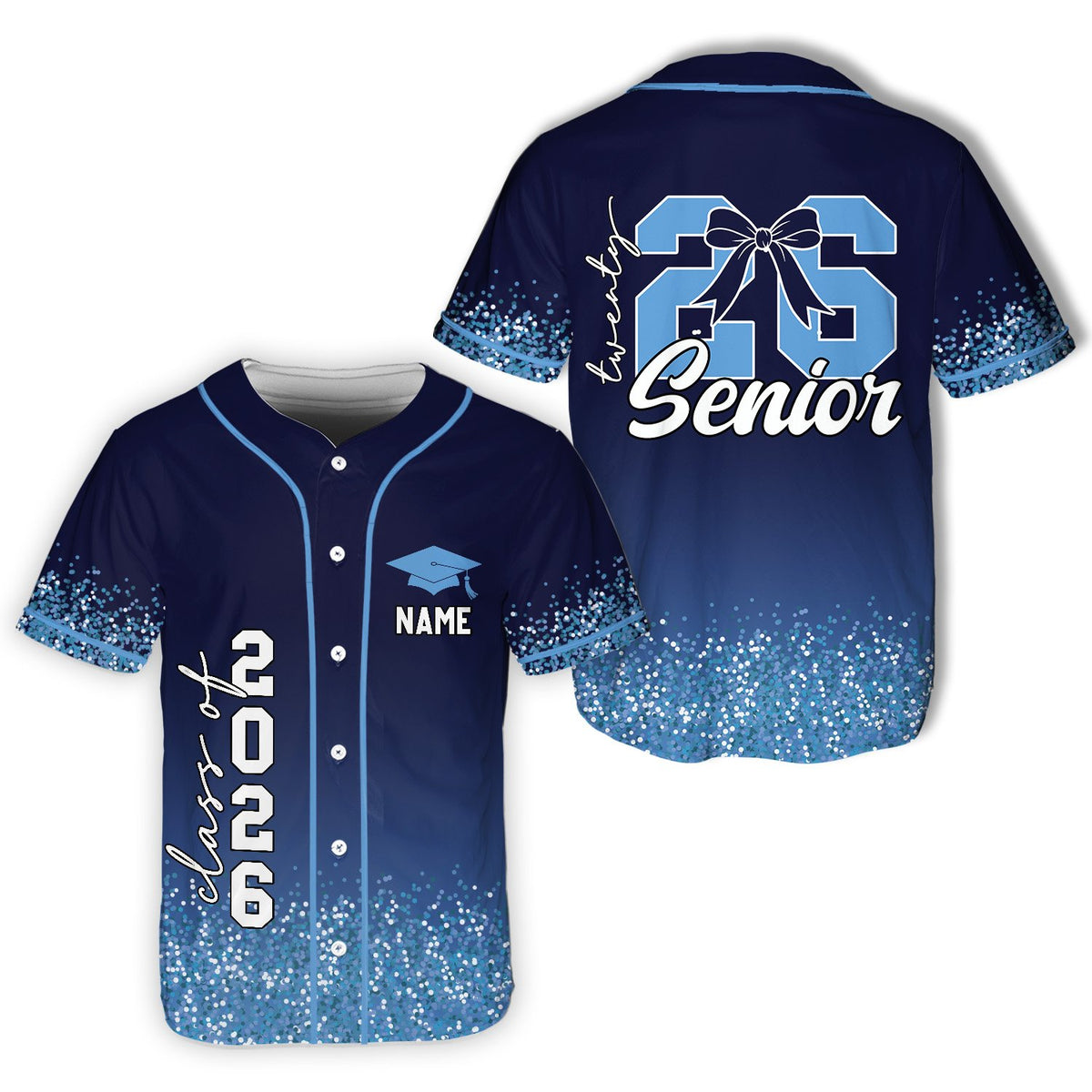 Main view of the personalized navy graduation baseball jersey with custom name and number