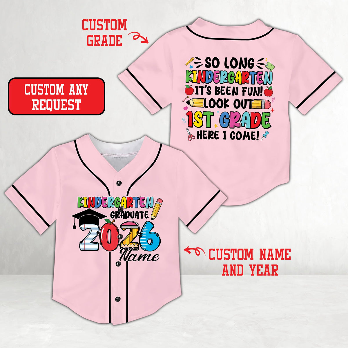 Personalized pink graduation baseball jersey with custom name