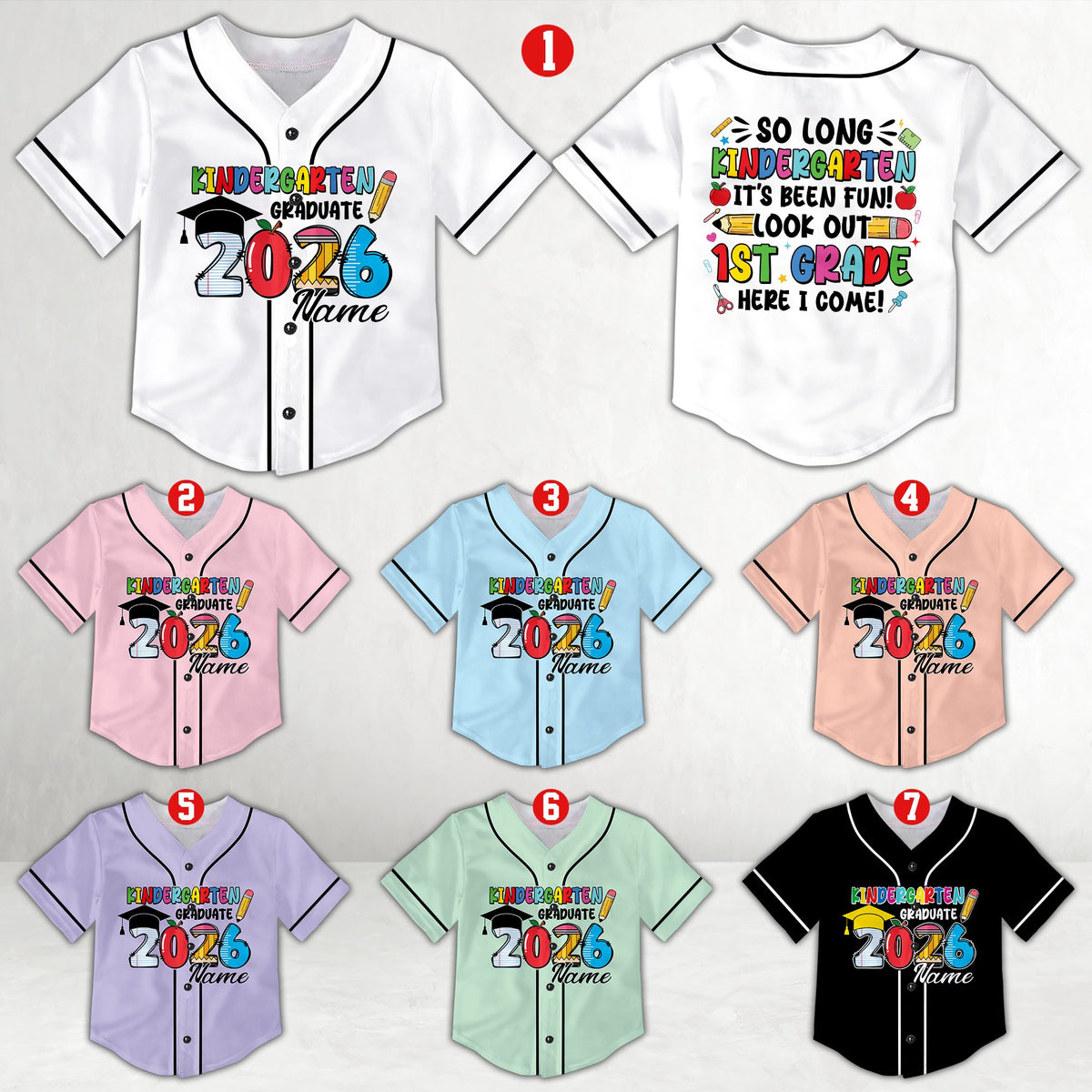 Personalized white graduation baseball jersey showing kindergarten graduate design