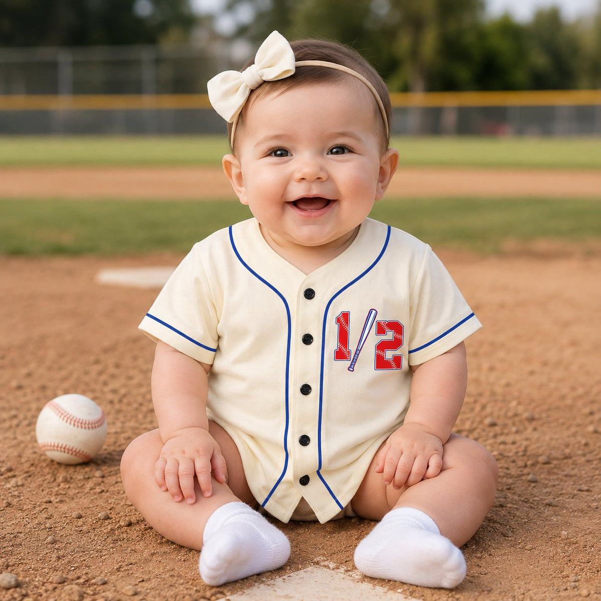 Lifestyle shot of beige half birthday baseball jersey custom name