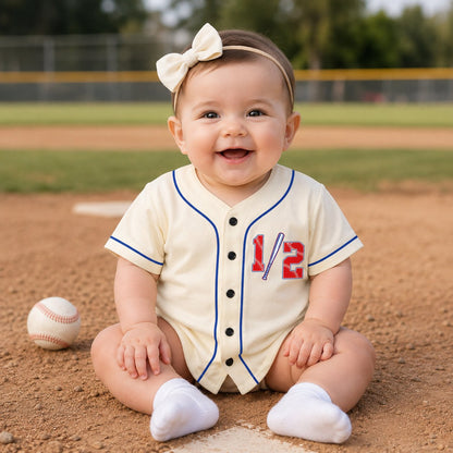 Lifestyle shot of beige half birthday baseball jersey custom name