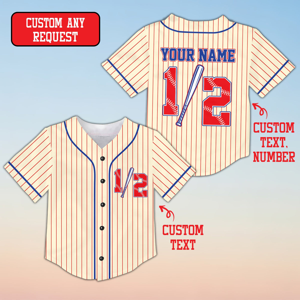 Angled view of beige half birthday custom jersey