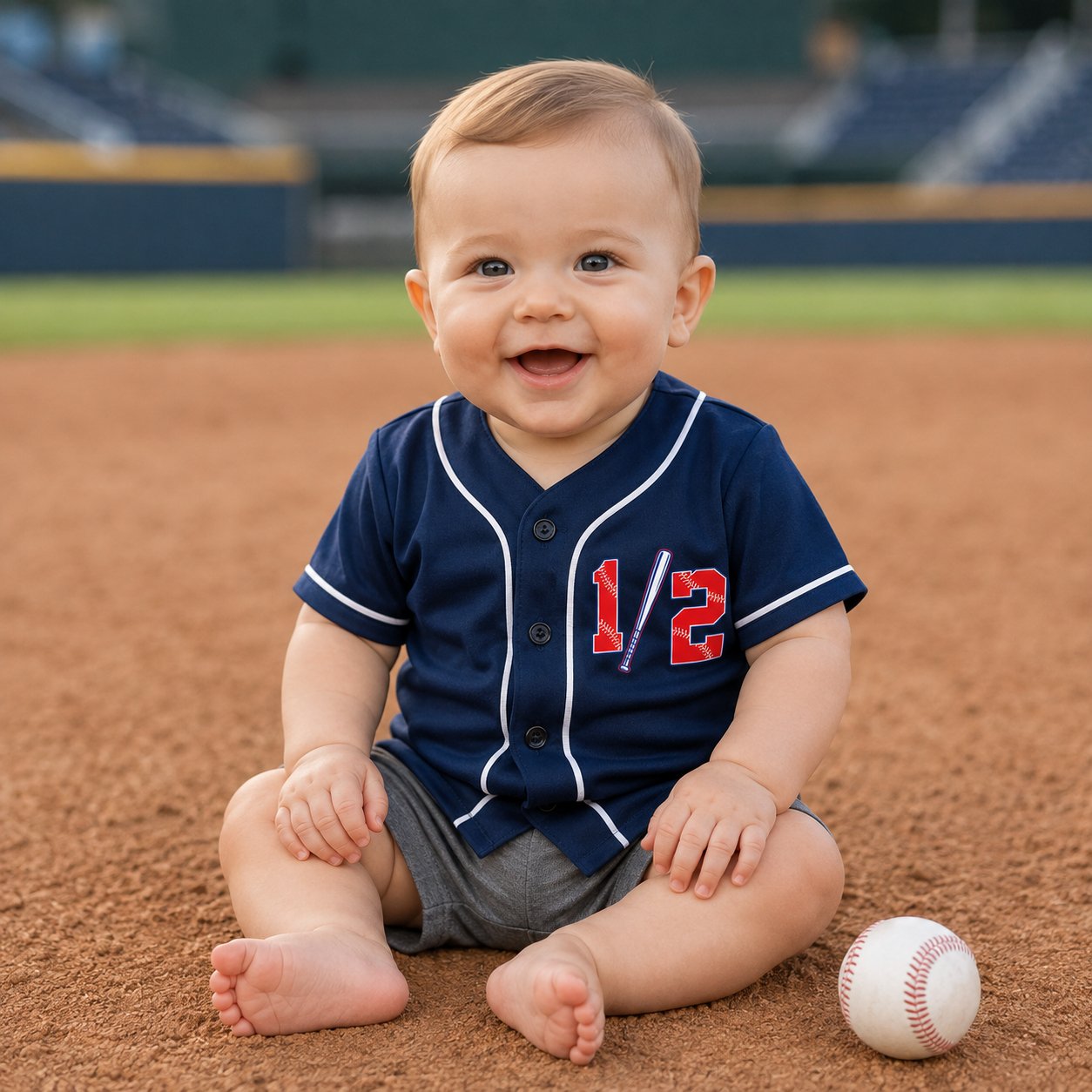 Front view of navy personalized baseball jersey shirts for half birthday