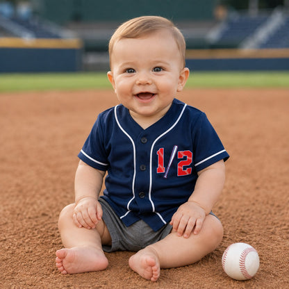 Front view of navy personalized baseball jersey shirts for half birthday