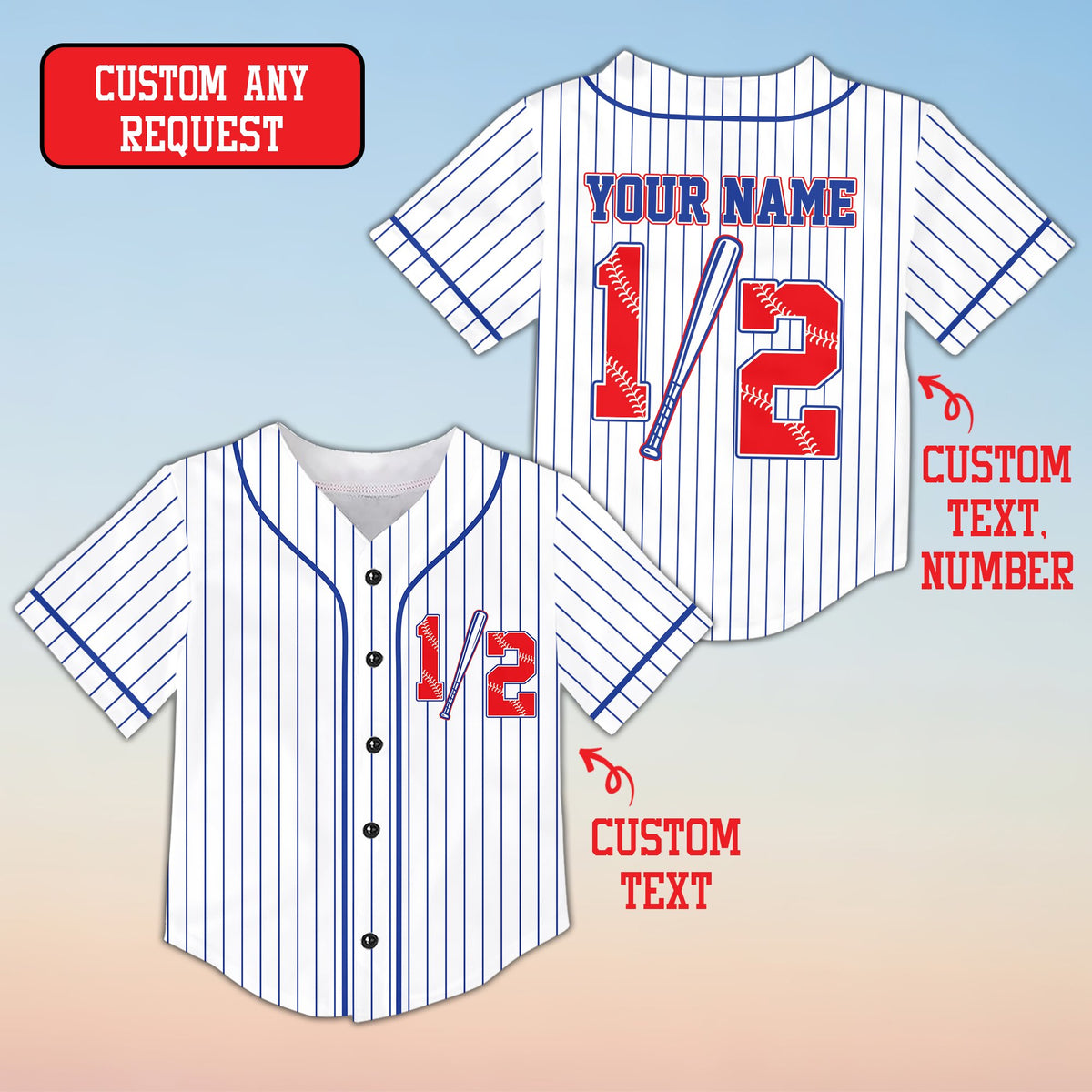 Folded view of the custom name and number baseball jersey