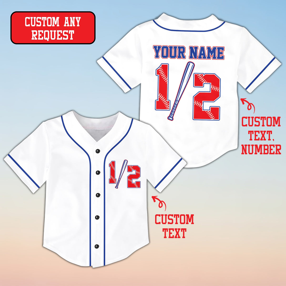 Front view of white custom baseball jersey with half birthday design