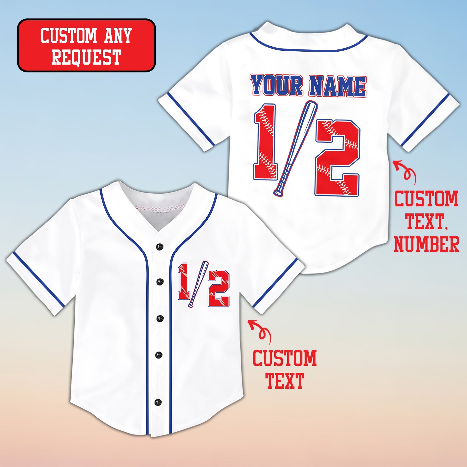 Front view of white custom baseball jersey with half birthday design