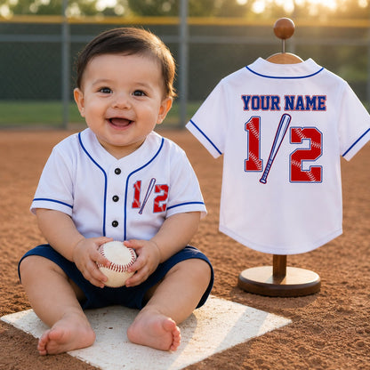 Lifestyle view of white personalized baseball jersey