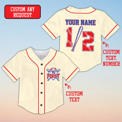 Personalized beige baseball jersey with custom name and number, front view variation 2