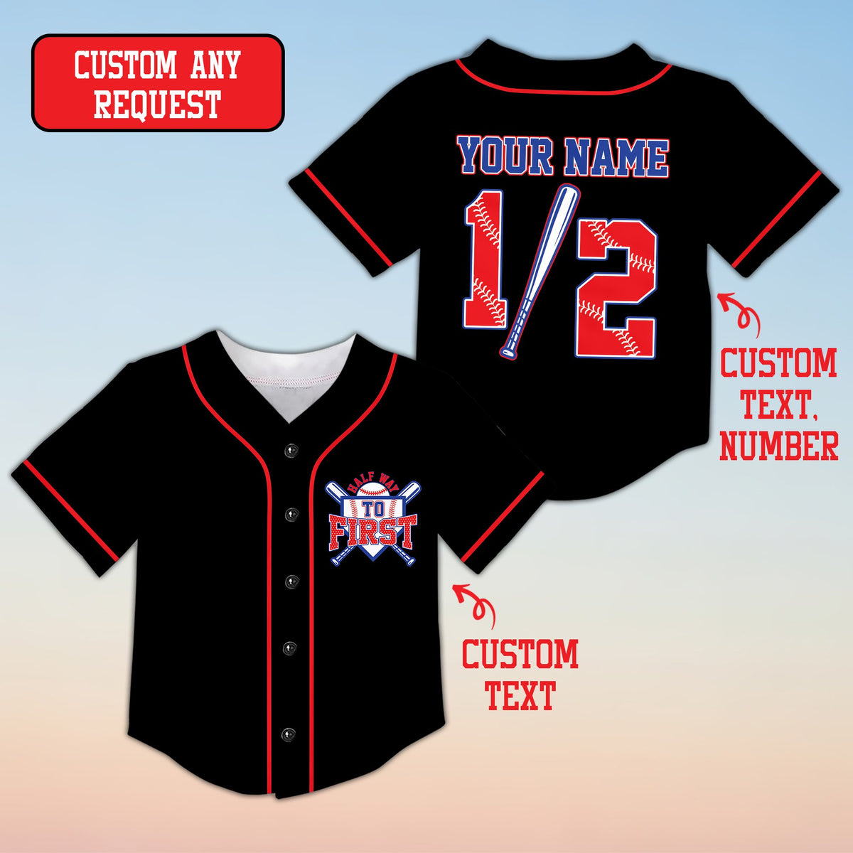 Personalized black baseball jersey with custom name and number, front view variation 6