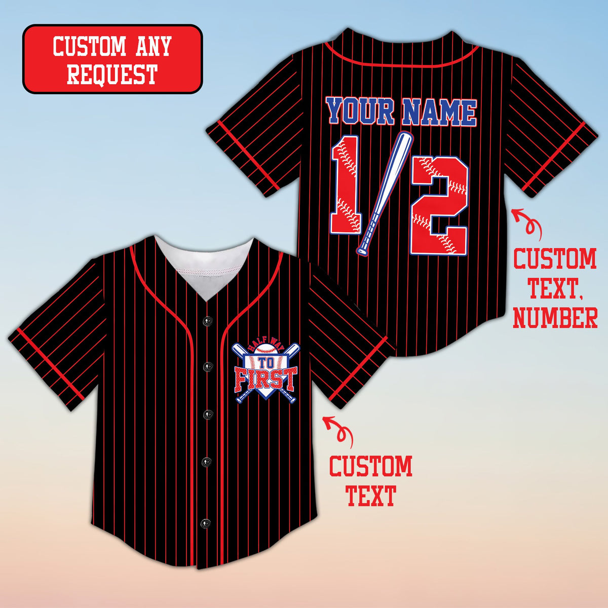 Personalized black baseball jersey with custom name and number, front view variation 7