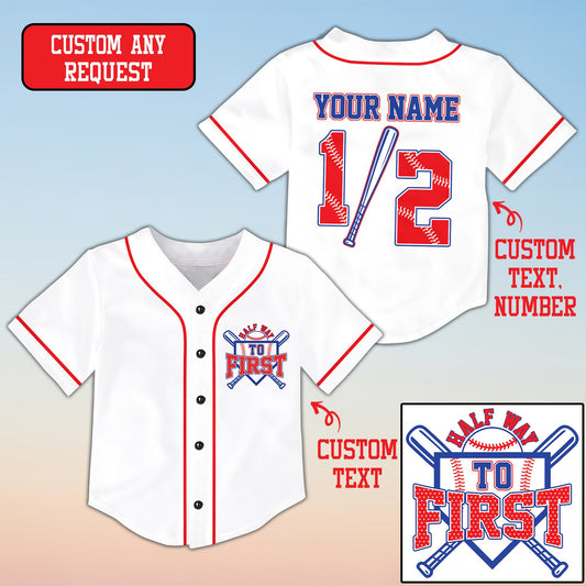 Personalized white baseball jersey with custom name and number and half way to first logo, main front view