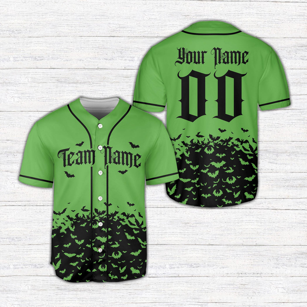 Green gradient halloween bats baseball jersey, front view