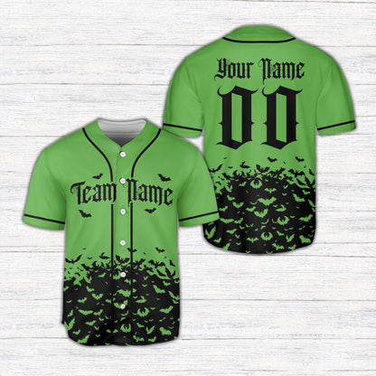 Green gradient halloween bats baseball jersey, front view