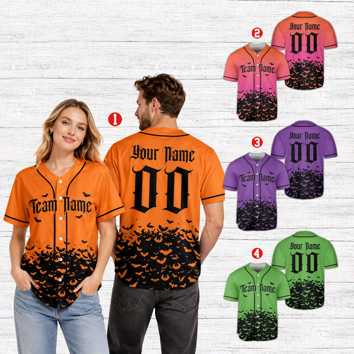 Lifestyle view of a person wearing a multicolor halloween bats baseball jersey