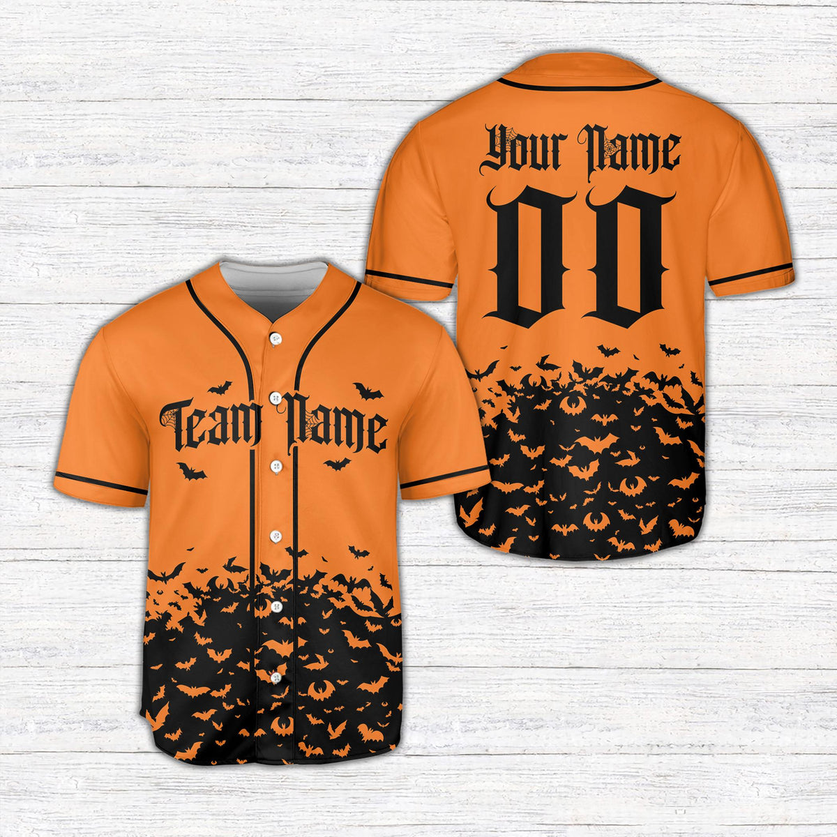 Personalized orange halloween bats baseball jersey with custom name and number, front view