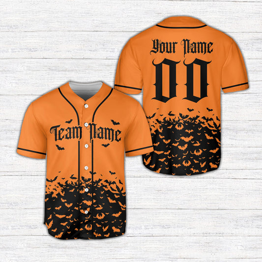 Personalized orange halloween bats baseball jersey with custom name and number, front view