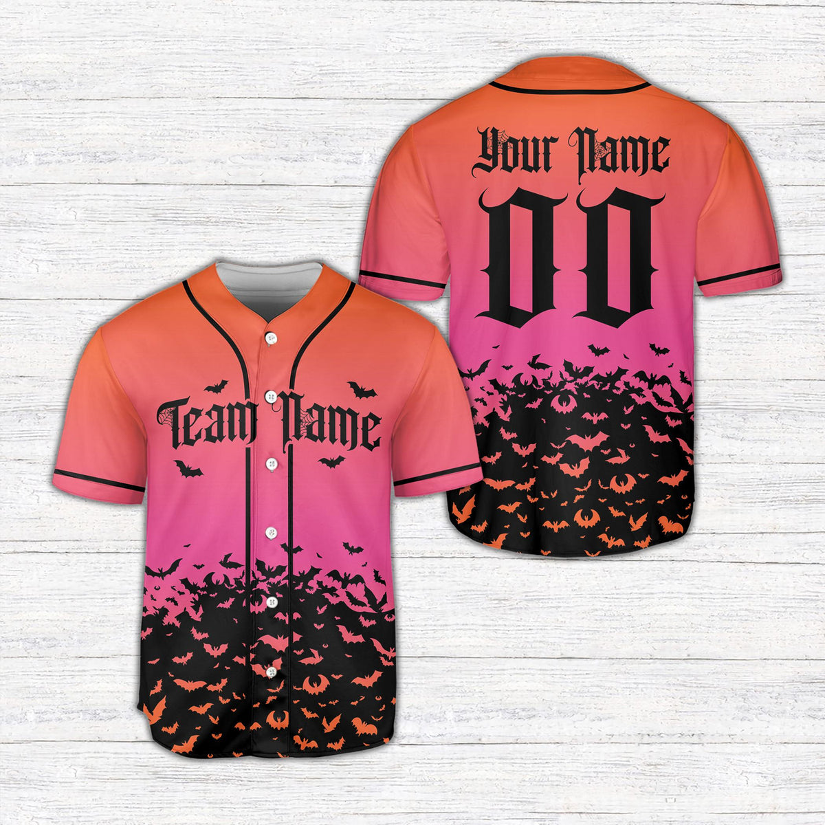 Pink gradient halloween bats baseball jersey, front view