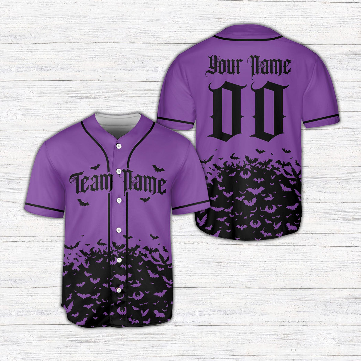 Purple gradient halloween bats baseball jersey, front view
