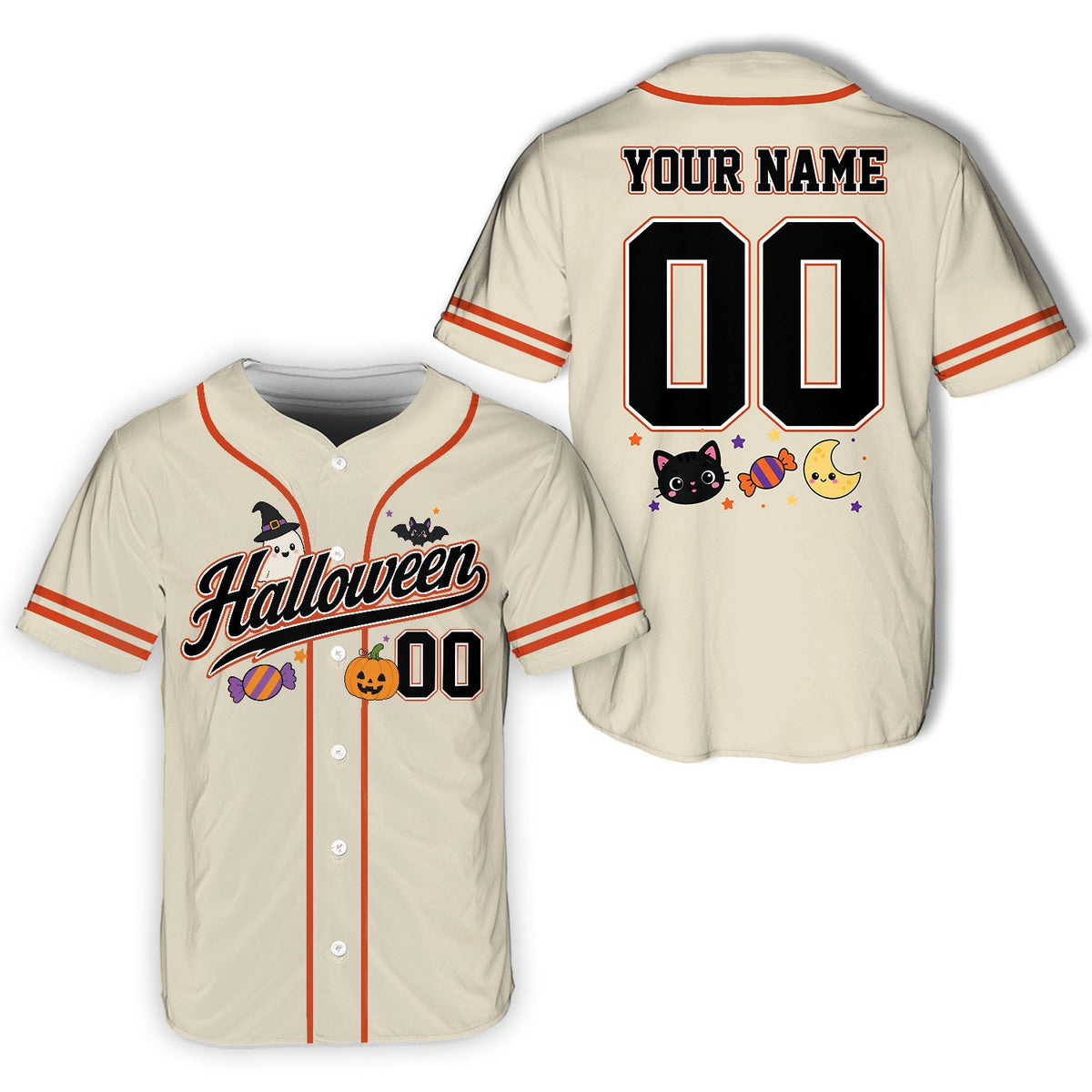 Beige halloween baseball jersey featuring a custom name and number, front view