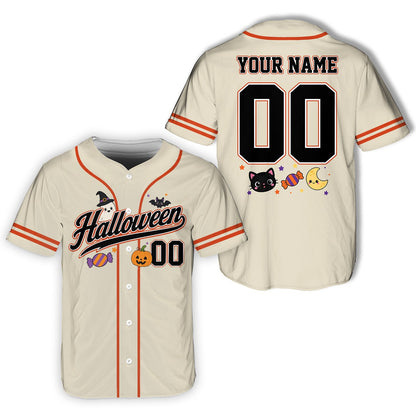 Beige halloween baseball jersey featuring a custom name and number, front view