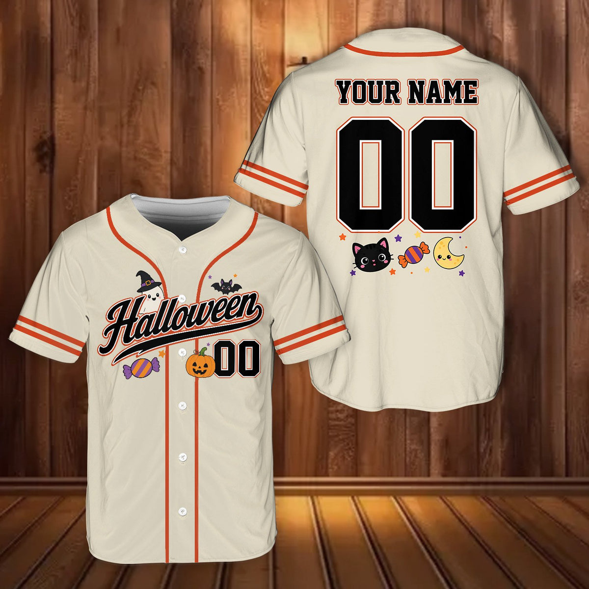 Alternative beige personalized baseball jersey with spooky character design, front view