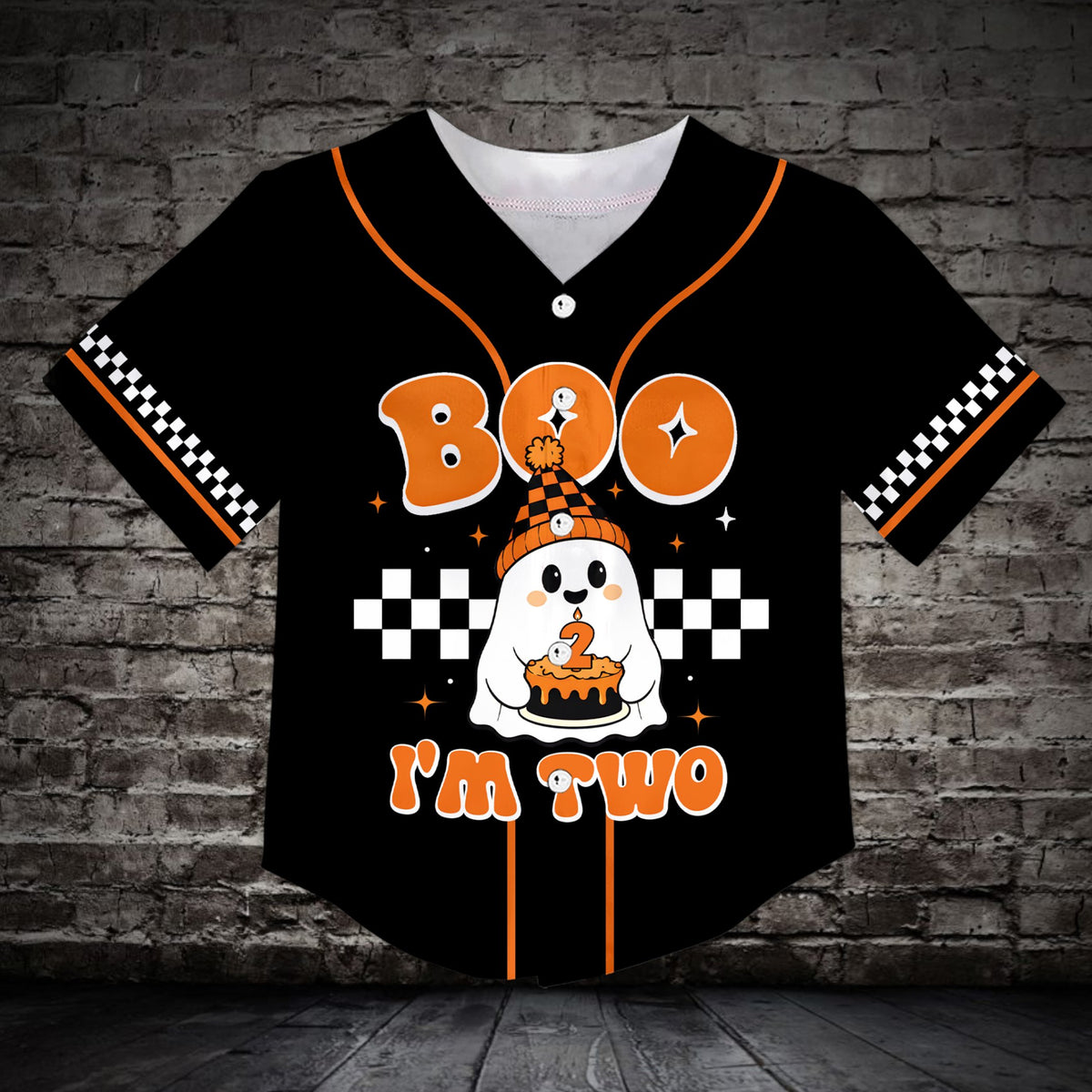 Black personalized halloween birthday baseball jersey with boo im two ghost design and custom name, front view