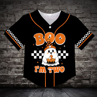 Black personalized halloween birthday baseball jersey with boo im two ghost design and custom name, front view