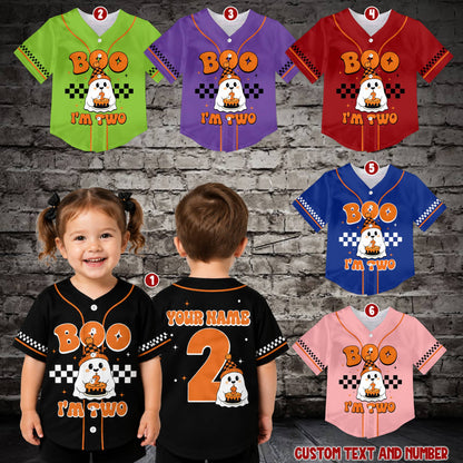 Lifestyle view of the personalized baseball jersey featuring a halloween birthday ghost design