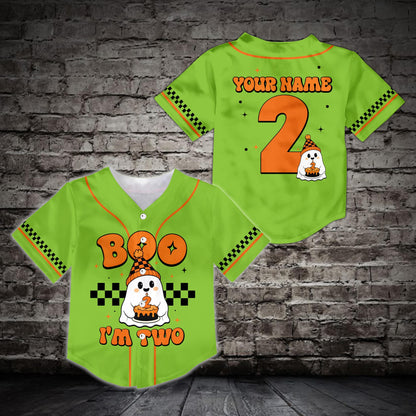 Green halloween birthday baseball jersey with boo im two ghost design, front view