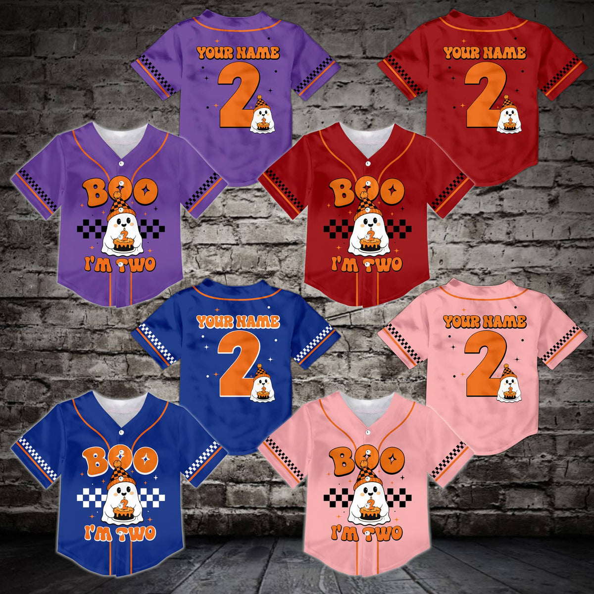 Purple halloween birthday baseball jersey with boo im two ghost design, front view