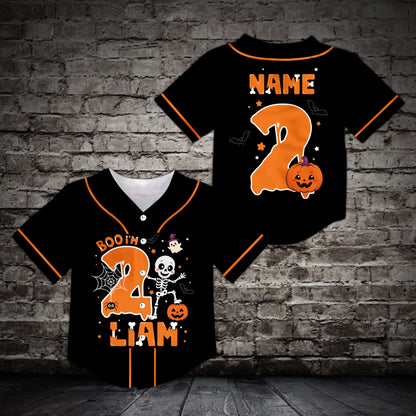 Front view of black custom baseball jersey with halloween pattern