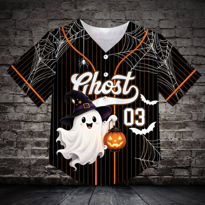 Front view of the black halloween themed baseball jersey showing the ghost and pinstripes